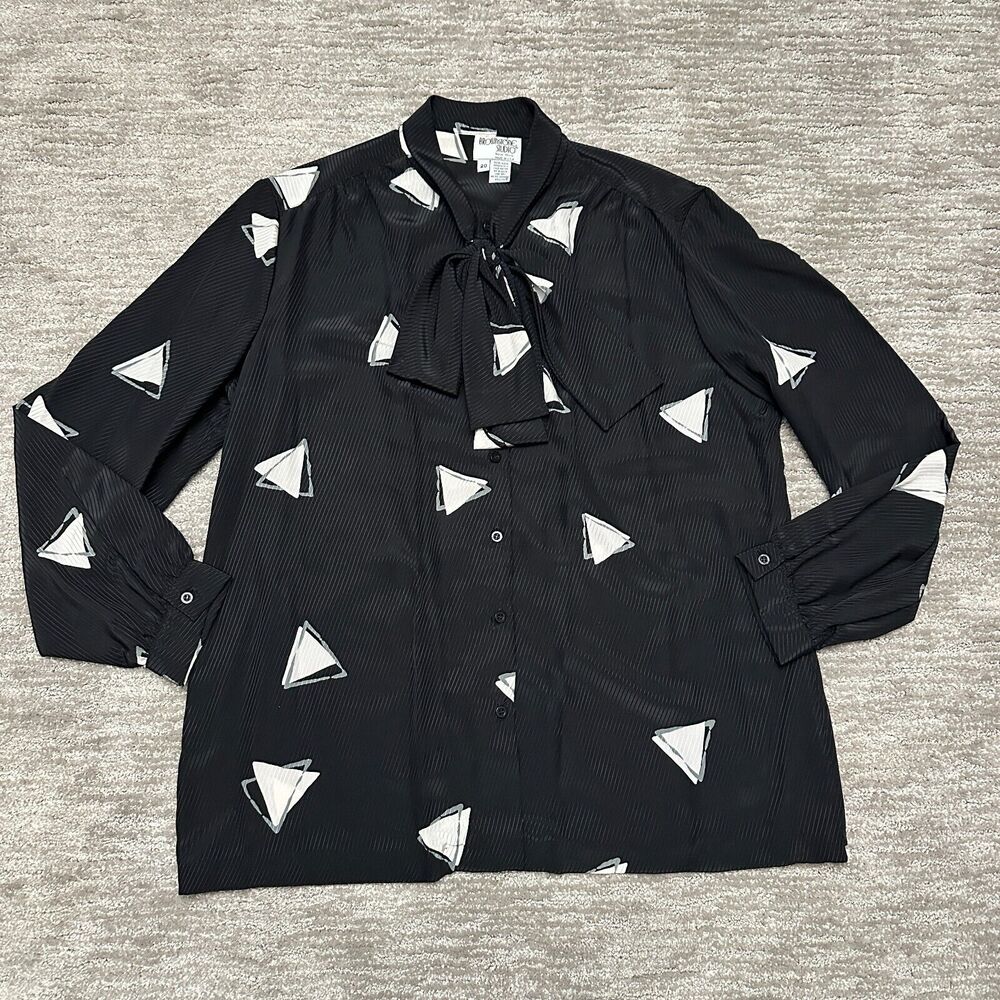 VTG Brownstone Studio Blouse Womens 20 Black Mod 70s 80s Tie Neck Secretary